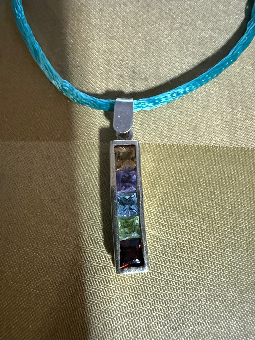 Multicolor Gemstone Bar Pendant Necklace in Sterling silver- Turquoise silk cord
